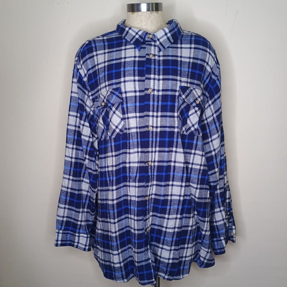 KingSize Men’s Flannel Shirt 5X Blue Plaid 100% Cotton Button Up Pockets